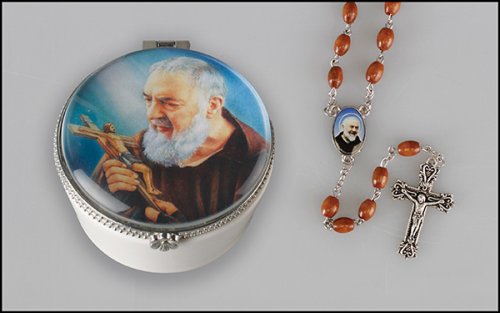 Saint Pio Wood Rosary with Porcelain Box
