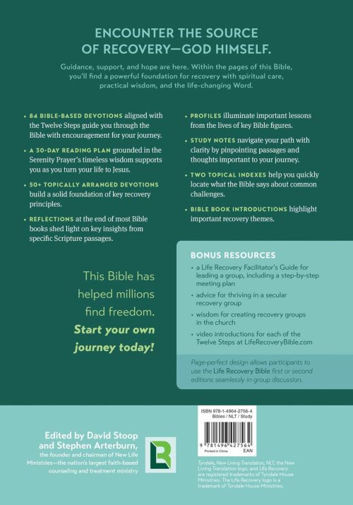 NLT Life Recovery Bible, Green, Hardback, Large Print, 12 Steps Devotionals, Recovery Profiles, Recovery Notes, Topical Verse Find, Facilitator's Guide