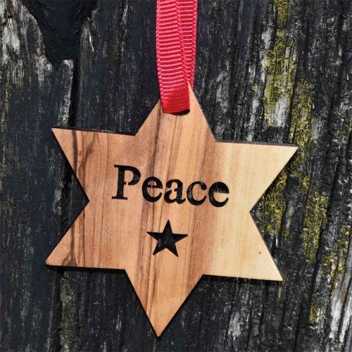 Olive Wood Star Decoration - Peace
