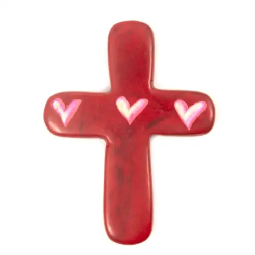 Small Soapstone Cross with Hearts - Red