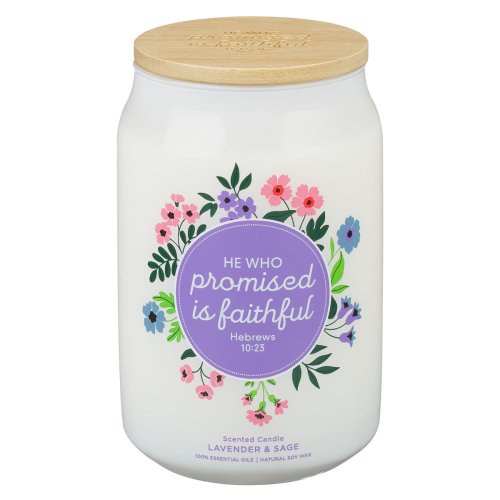 Glass Candle w/Bamboo Lid He Who Promised Is Faithful Heb. 10:23