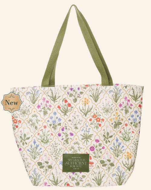 Tote Bag-My Grace Is Sufficient For You (2 Cor 12:9)-Floral Tapestry Canvas