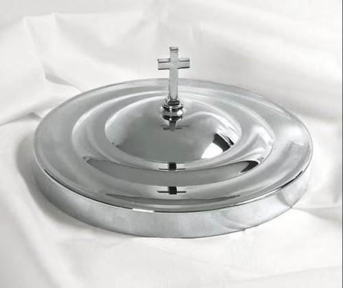 Communion Bread Plate Cover 6 5/8" x 3/4" - Silver Finish With Elegant Cross Topper