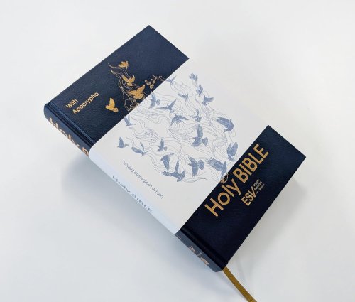 ESV Holy Bible with Apocrypha, Anglicised Deluxe Leatherette Edition, Navy Blue Hardback, Bronze Debossed Dove, ESV English Standard Version, Hardback, Standard size