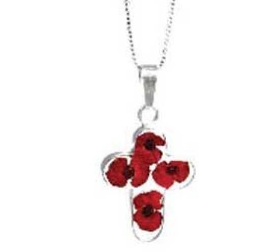 Remembrance Silver Poppy Cross Pendant With 16" Sterling Silver Chain - (PP07)