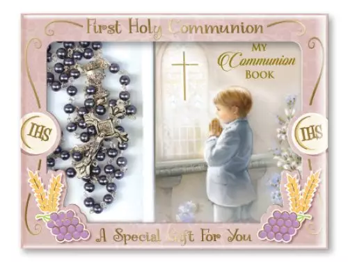 Imitation Hematite Communion Rosary with Boy's Prayer Book