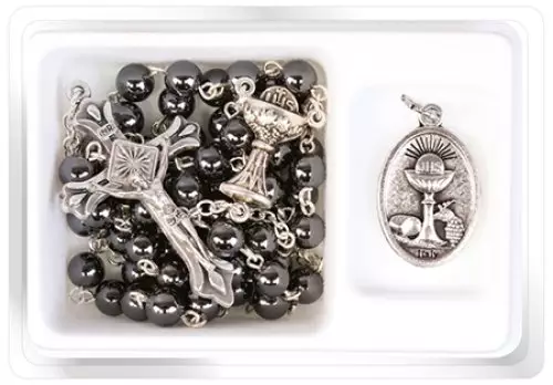 Communion Imitation Hematite Rosary with Picture Medal