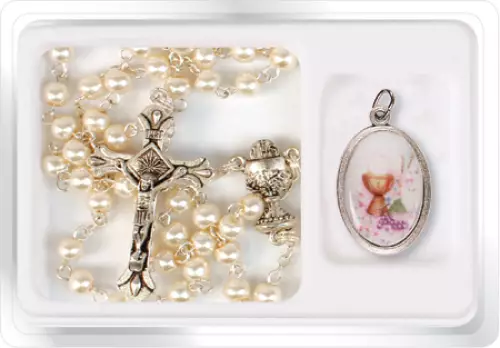 Communion Pearl Rosary & Picture Medal