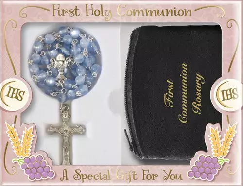 Blue Imitation Pearl Communion Rosary with Purse