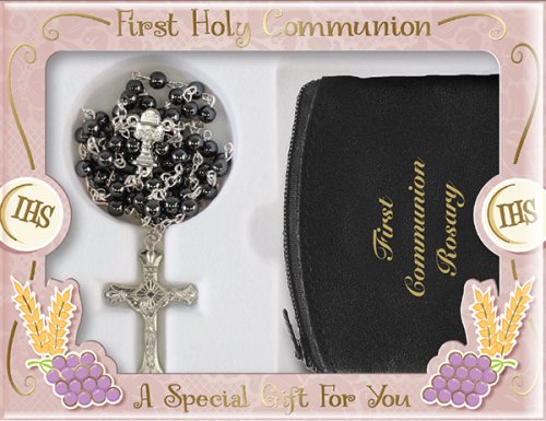 Imitation Hematite Communion Rosary with Black Purse