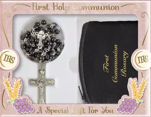 Imitation Hematite Communion Rosary with Black Purse