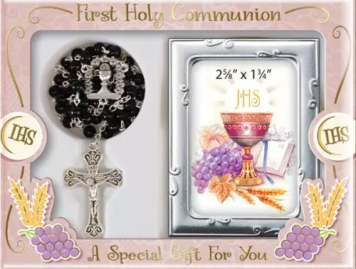 Communion Glass Black Rosary With Photo Frame
