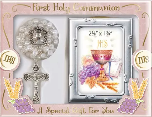 Communion Glass White Rosary With Photo Frame