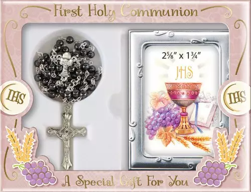 Communion Glass Black Rosary With Photo Frame