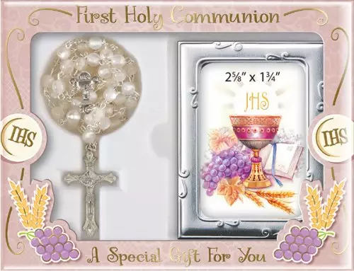 Communion Glass Pearl Rosary with Photo Frame