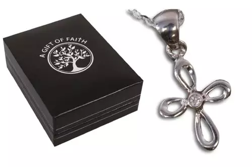 Sterling Open Cross with Crystal & Chain in Gift Box