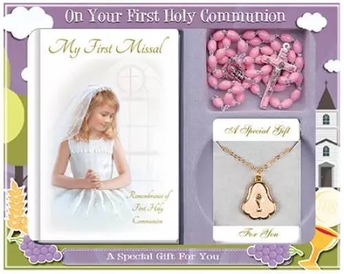 Girl's Pink Rosary Communion Gift Set