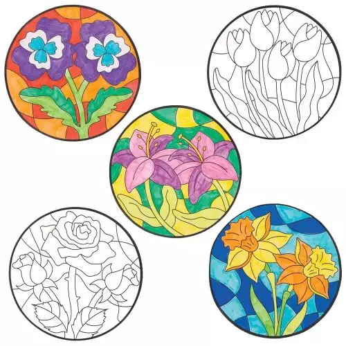 Flower Colour-in Window Decorations - Pack of 12