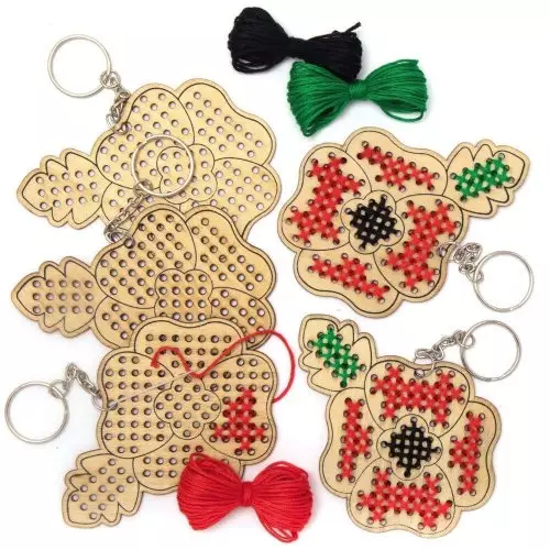 Poppy Wooden Cross Stitch Keyring Kits  - Pack of 5