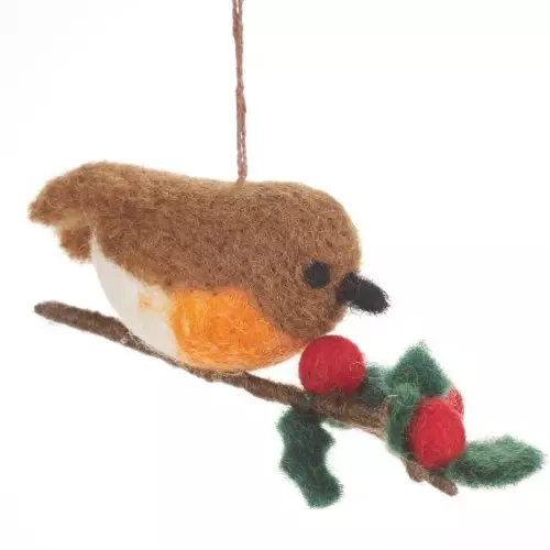 Handmade Robin on a Holly Branch Christmas Tree Hanging Decoration