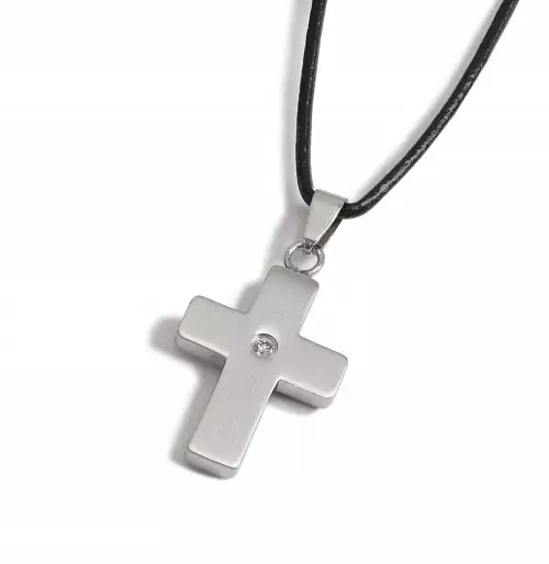 Steel Brushed Cross & Crystal Pendant on Leather Cord