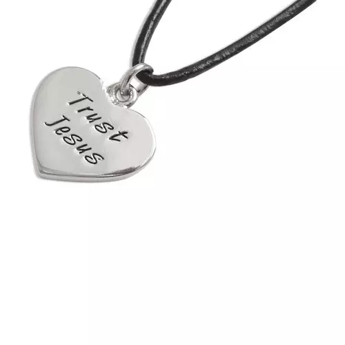 Heart Pendant with 'Trust Jesus' Inscription on Leather Cord