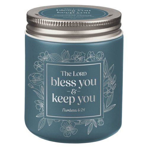Glass Candle w/Screw Top Lid Blue Bless You and Keep You Num. 6:24