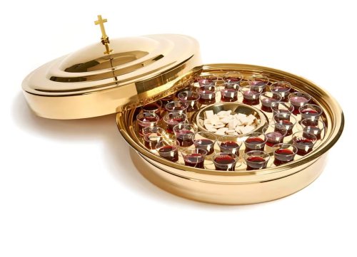 Communion Bread Plate Cover  6 5/8" x 3/4" - Brass Finish With Elegant Cross Topper
