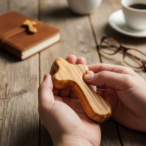 Wide Hand Carved Olive Wood Holding Cross