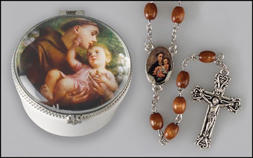 Saint Anthony Wood Rosary in Porcelain Box
