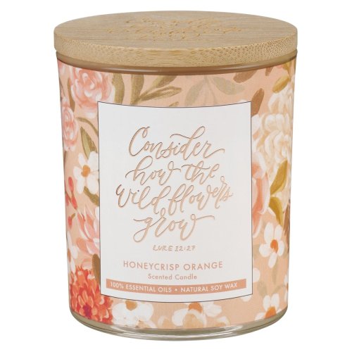 Glass Candle w/Bamboo Lid Floral Consider How the Wildflowers Grow Luke 12:27