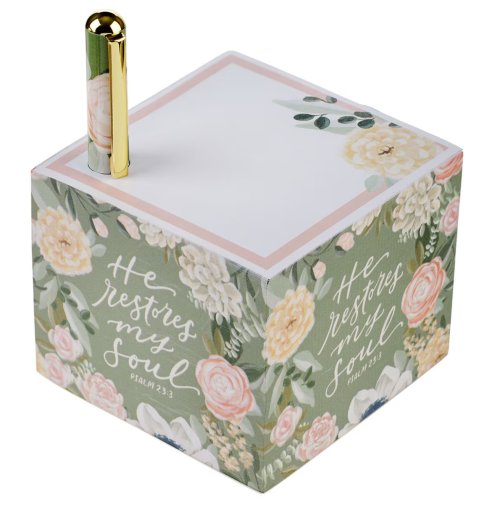 He Restores My Soul Green Floral Note Block and Pen Set - Psalm 23:3