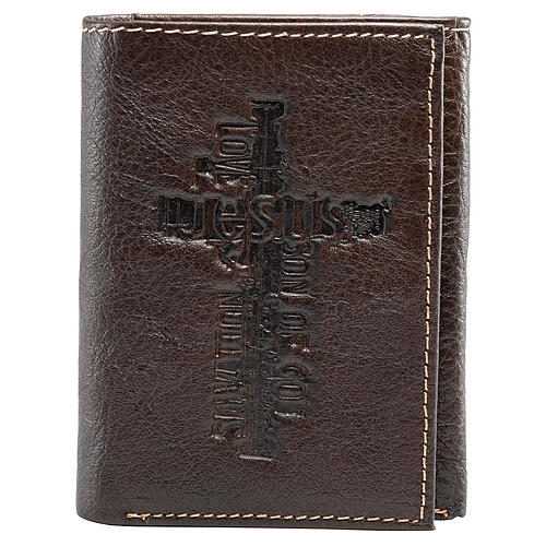 Brown Genuine Leather Tri-Fold Wallet w/Cross
