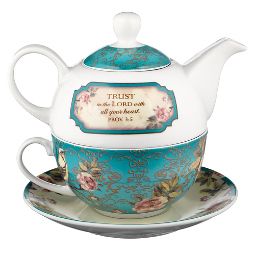 Tea for One Teal Vintage Birds Trust Prov. 3:5
