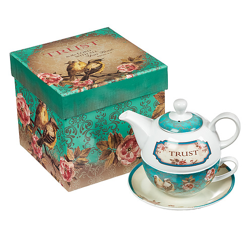 Tea for One Teal Vintage Birds Trust Prov. 3:5