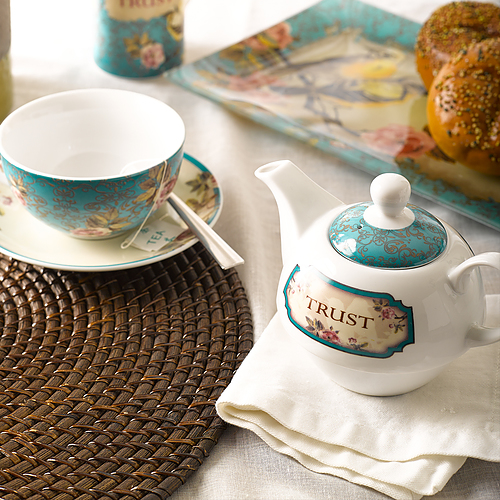 Tea for One Teal Vintage Birds Trust Prov. 3:5