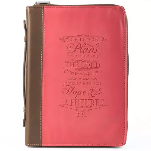 The Plans - Jeremiah 29:11  Large Pink Faux Leather Bible Cover, Zippered Case w/Handle
