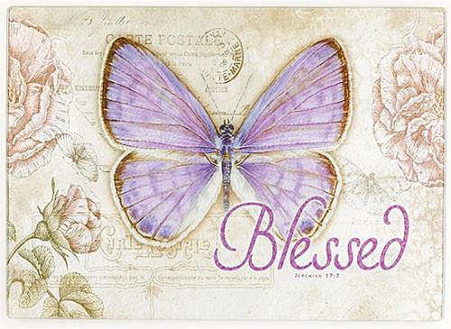 Christian Art Gifts Tempered Glass Cutting Board Tray/Trivet | Botanic Butterfly Blessings Purple Butterfly "Blessed" – Jeremiah 17:7 Bible Verse | Inspirational Home and Kitchen Décor