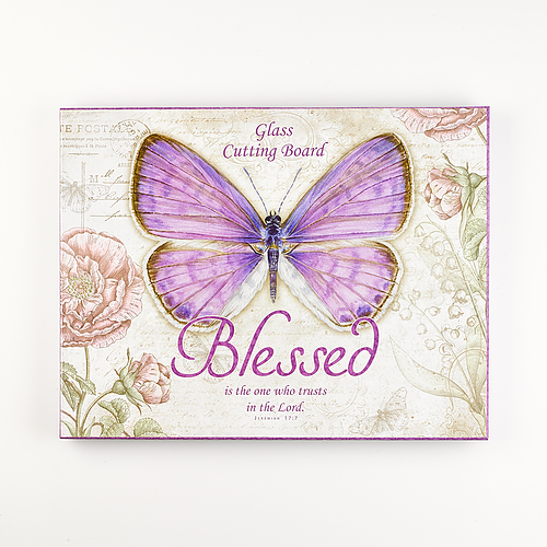 Christian Art Gifts Tempered Glass Cutting Board Tray/Trivet | Botanic Butterfly Blessings Purple Butterfly "Blessed" – Jeremiah 17:7 Bible Verse | Inspirational Home and Kitchen Décor