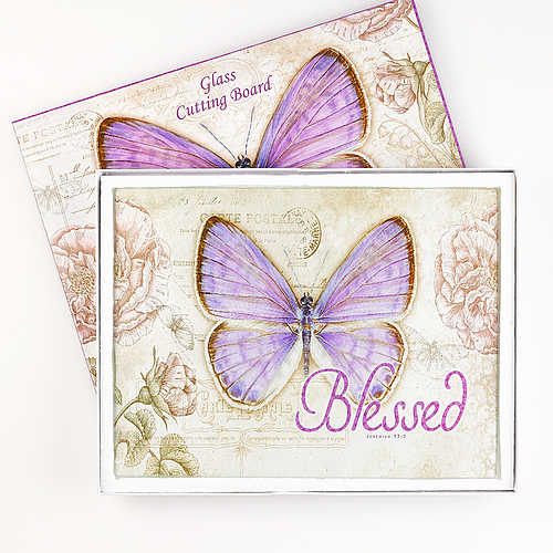 Christian Art Gifts Tempered Glass Cutting Board Tray/Trivet | Botanic Butterfly Blessings Purple Butterfly "Blessed" – Jeremiah 17:7 Bible Verse | Inspirational Home and Kitchen Décor