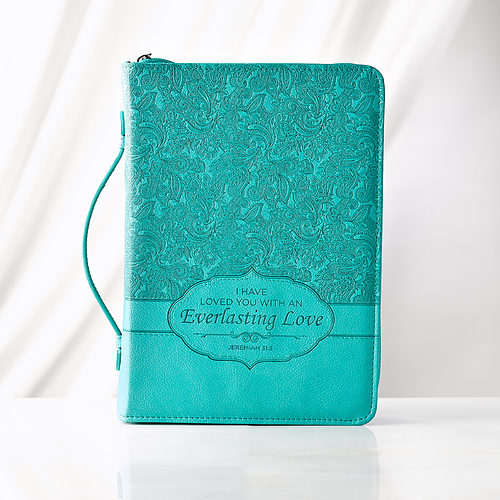 Medium Everlasting Love Turquoise Faux Leather Bible Cover - Jeremiah 31:3