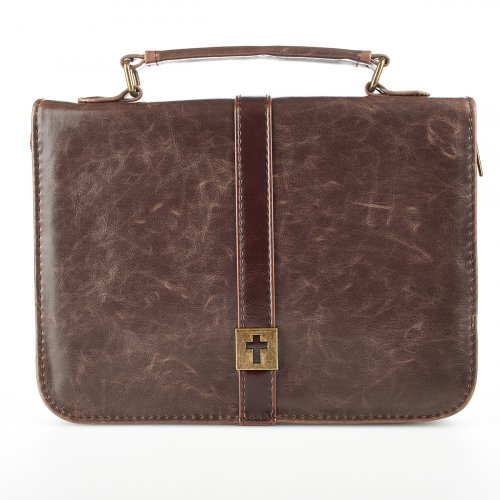 Large Cross Badge Brown Distressed Faux Leather Classic Bible Cover
