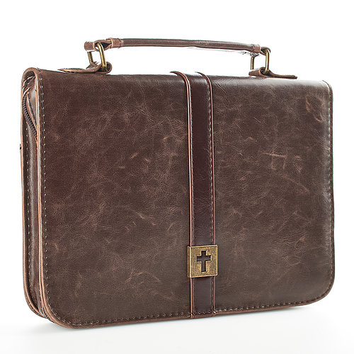 Large Cross Badge Brown Distressed Faux Leather Classic Bible Cover