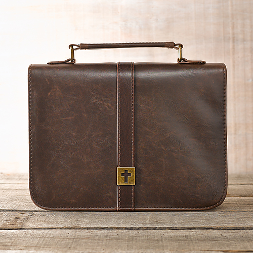 Large Cross Badge Brown Distressed Faux Leather Classic Bible Cover