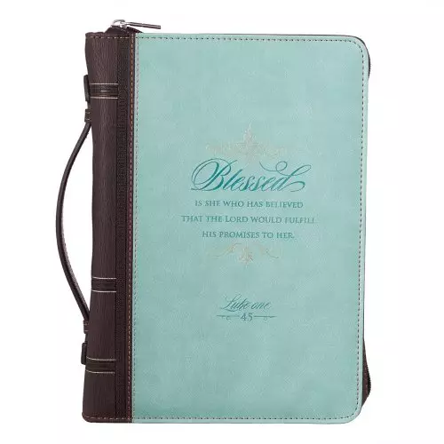 Medium Blessed is She Who Has Believed Light Blue and Brown Faux Leather Fashion Bible Cover - Luke 1:45