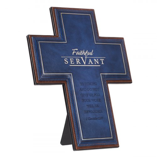 Christian Art Gifts Decorative Wall Cross, Faithful Servant, Blue LuxLeather