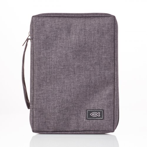Large Gray Poly-canvas Bible Cover with Ichthus Fish Badge