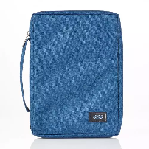Medium Blue Poly-canvas Bible Cover with Ichthus Fish Badge