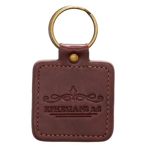 Brown Faux Leather Keychain In Christ Alone/ 5 Solas – Ephesians 2:8 Christian Gifts for Men