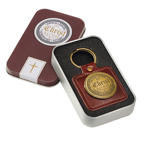 Brown Faux Leather Keychain In Christ Alone/ 5 Solas – Ephesians 2:8 Christian Gifts for Men